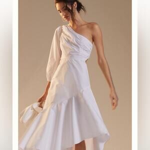 Anthropologie white poplin One-Shoulder Midi dress Guapa 16P